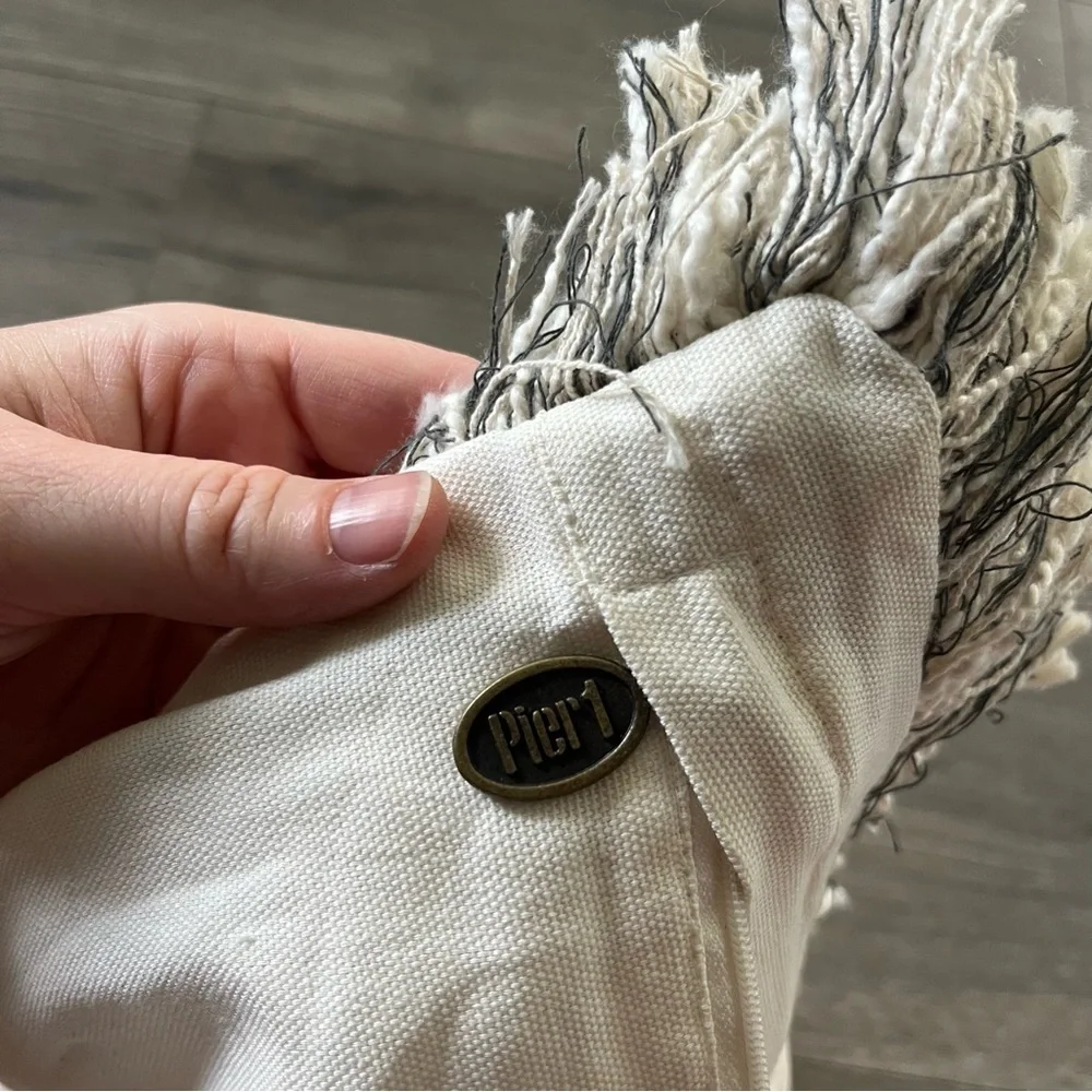 Pier 1 Cream Brown Shag Throw Pillow Cover Square with Fringe Zip